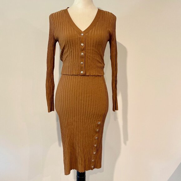 Mustard Brown Ribbed Knit Crop Long Sleeve & High waist Pencil Skirt Coords Set - Picture 1 of 7